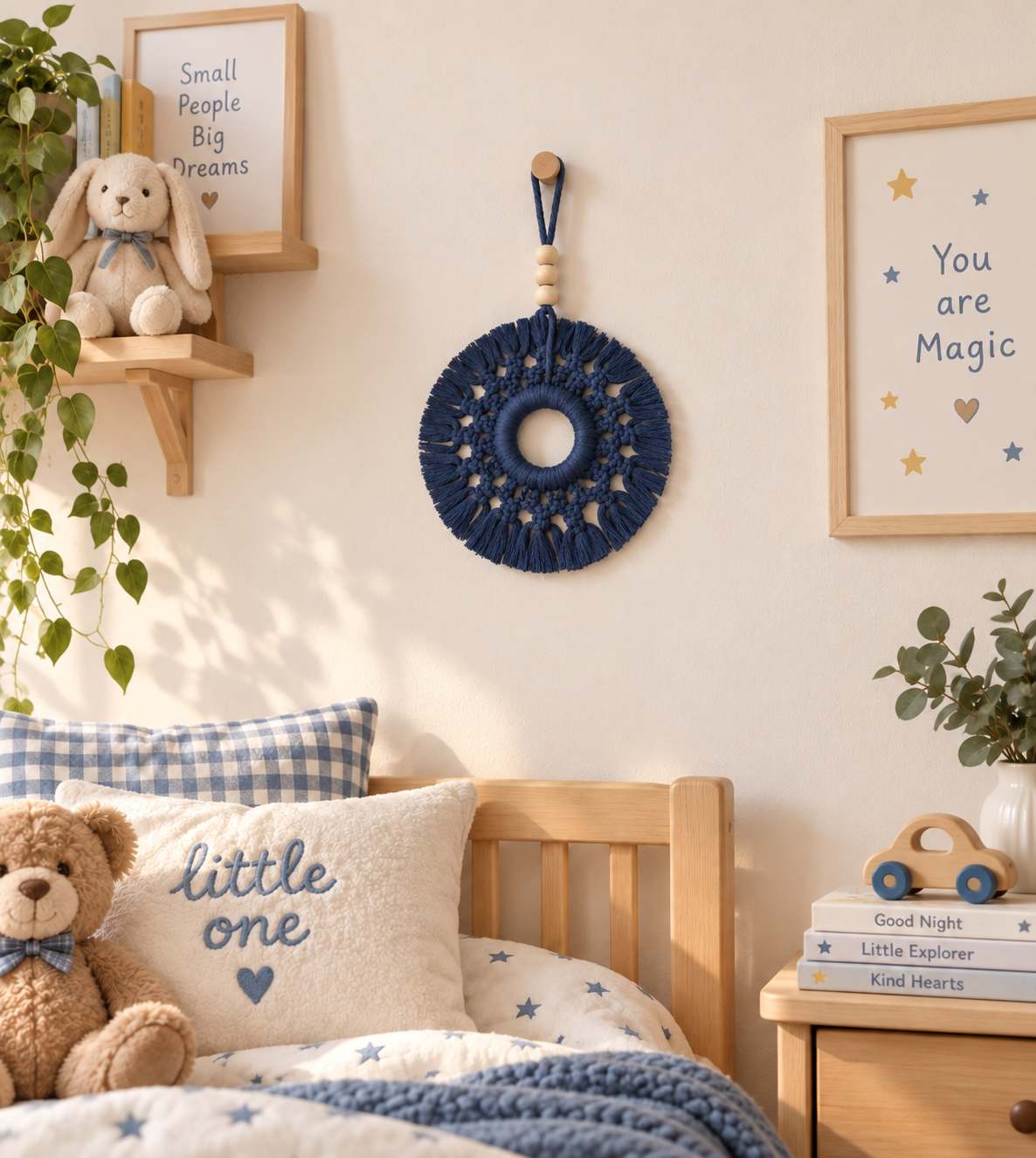 Suspension murale macramé bleu profond