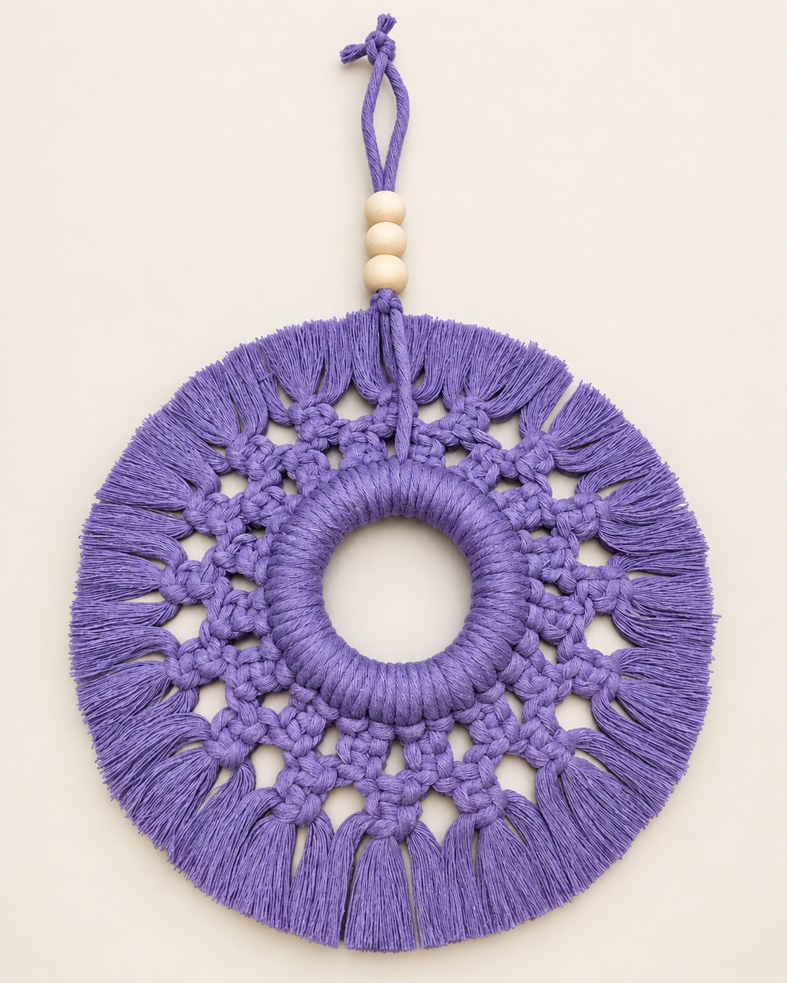 Suspension murale macramé violette 18 cm – Déco bohème - Image 2