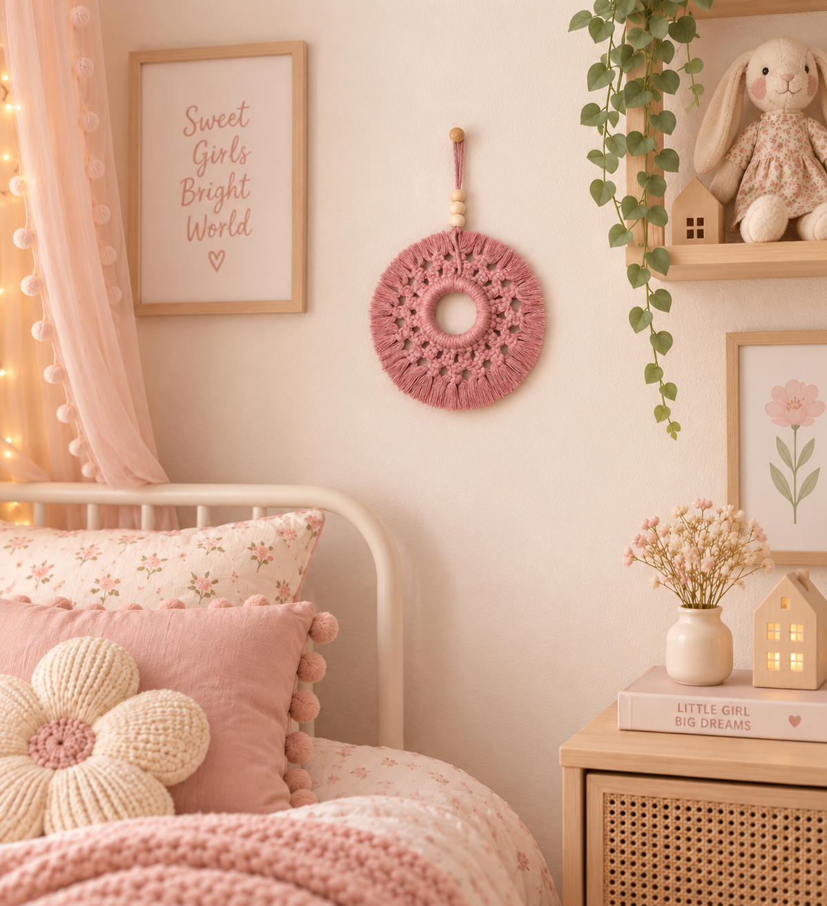 Suspension murale macramé rose 18 cm – Déco chambre