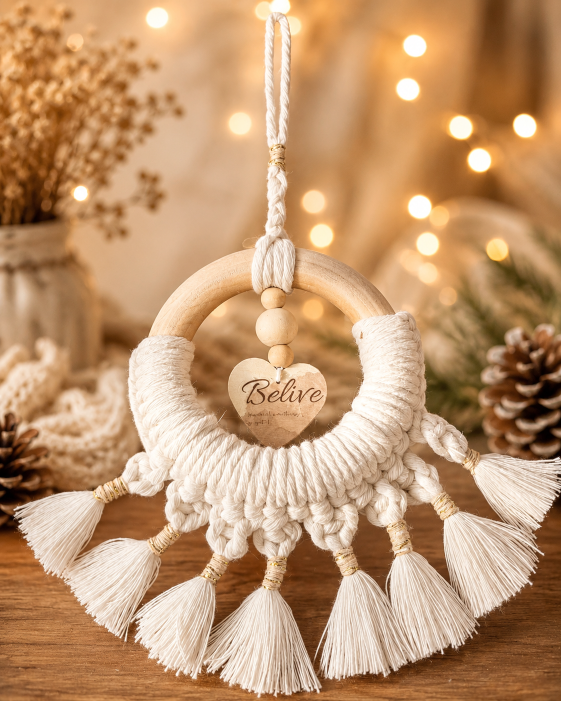 Suspension macramé écrue Believe 16 cm