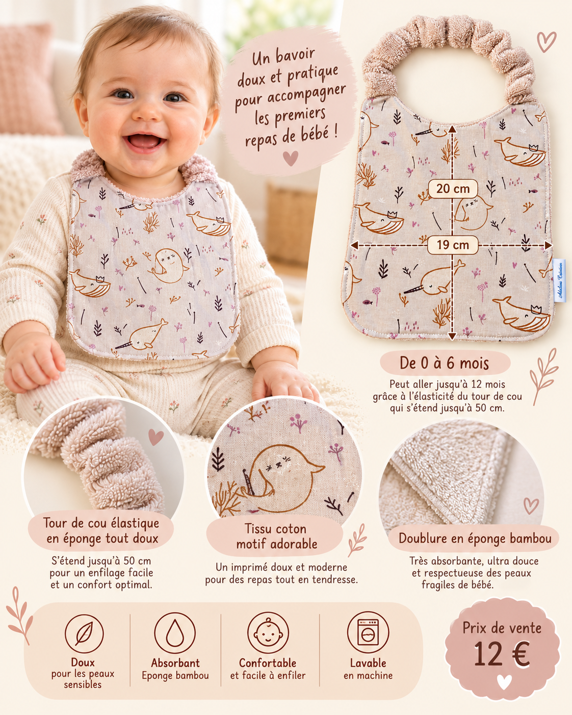 Bavoir bébé 0-6 mois évolutif – Éponge bambou – Fait main - Image 2